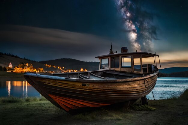 Um barco na costa com um céu noturno ao fundo