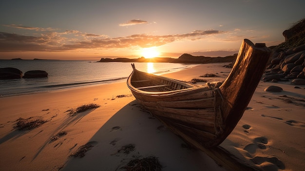 Um barco na praia ao pôr do sol