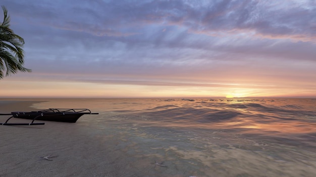 Um barco na praia ao pôr do sol