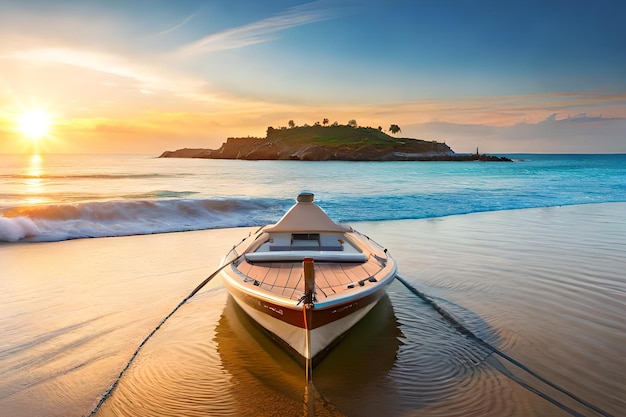 Um barco na praia ao pôr do sol