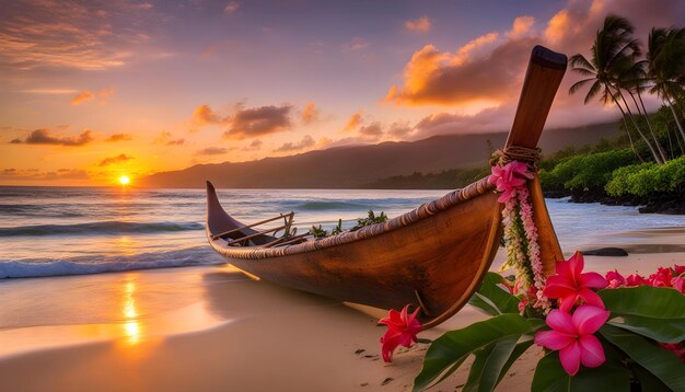 Foto um barco na praia com flores em primeiro plano