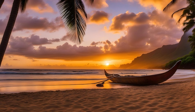 um barco na praia com uma palmeira no fundo