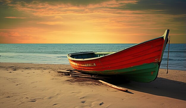 Foto um barco na praia é vermelho e verde