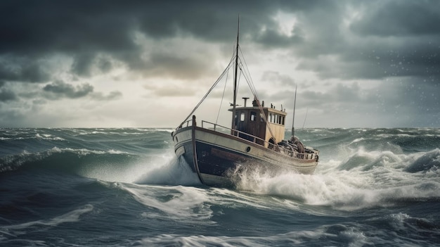 Um barco no mar tempestuoso com um céu nublado