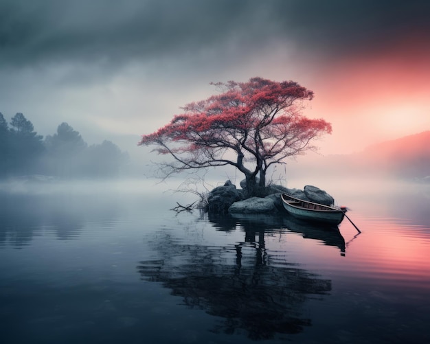 um barco no meio de um lago com uma árvore vermelha