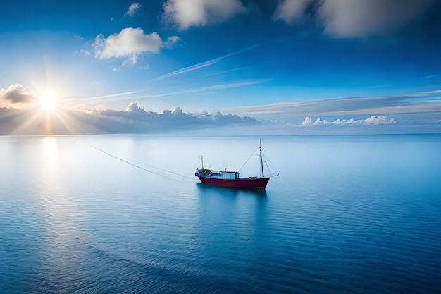 Um barco no oceano com o sol se pondo atrás dele