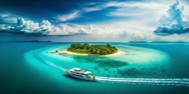 Um barco no oceano com uma pequena ilha ao fundo.