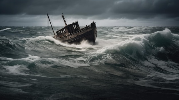 Um barco no oceano está afundando na tempestade.