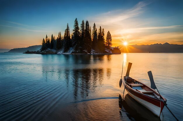 Um barco num lago com um pôr-do-sol ao fundo