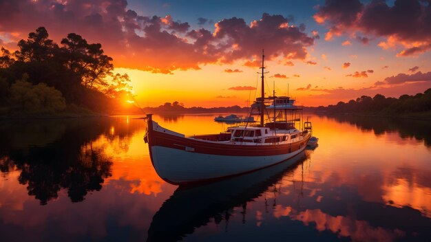 Um barco num rio com o pôr-do-sol atrás dele.