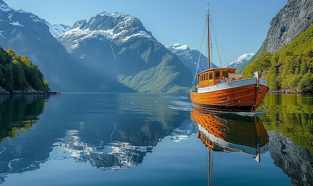 um barco que está sentado na água com montanhas ao fundo