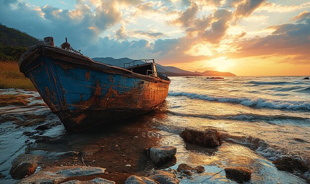 um barco sentado na praia ao pôr do sol no estilo da China do Norte montagem de fotos de terreno