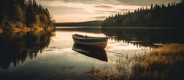 Um barco sentado no topo de um lago ao lado de uma floresta