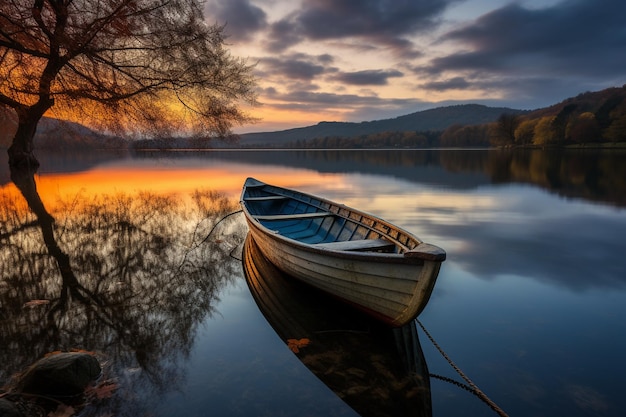 Foto um barco solitário à deriva num lago calmo sob o céu do crepúsculo