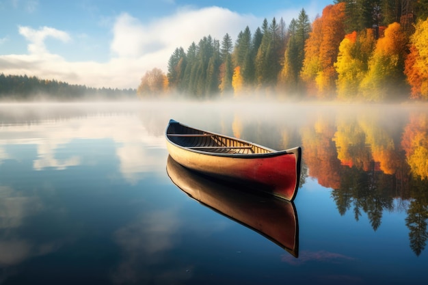 Um barco solitário descansa em um lago tranquilo e vidrado com uma paisagem bela e colorida com folhagem de outono conceito sazonal de outono gerado pela IA