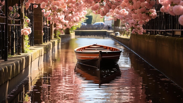 Um barco solitário deslizando silenciosamente através da flor que Ai gerou.