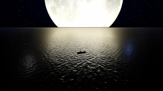 Foto um barco solitário no meio do oceano na lua cheia 3d render