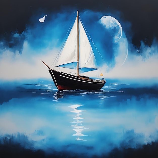 Um barco uma lua Arte de pintura abstrata Desenhada à mão por pincel seco de fundo de pintura