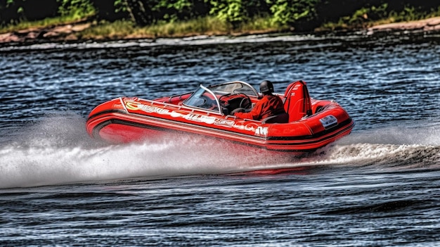 Um barco vermelho com a palavra "n" na lateral