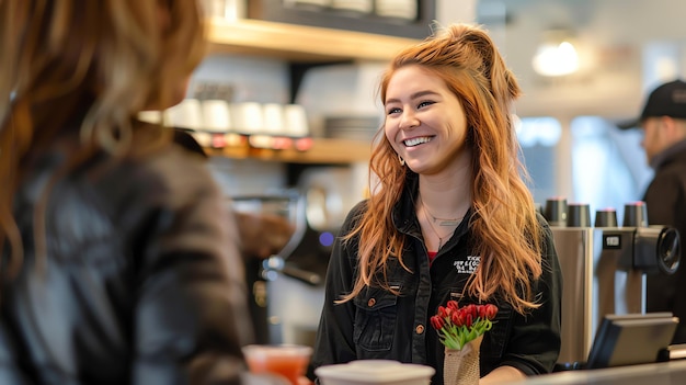 Um barista alegre com um sorriso caloroso recebe uma encomenda de um cliente em uma cafeteria
