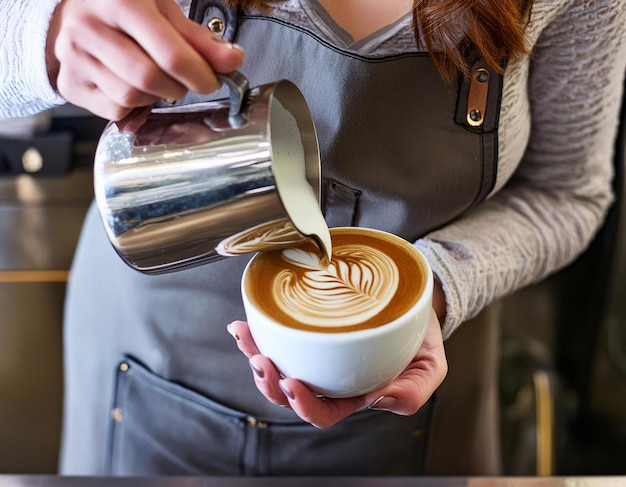 Um barista aperfeiçoando a arte do latte derramando espuma cremosa em uma xícara de café