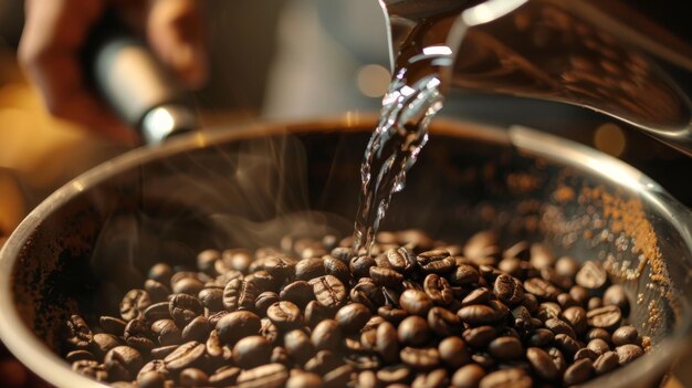 Um barista derrama cuidadosamente água quente sobre uma cama de grãos de café recém-moídos, criando um café rico e