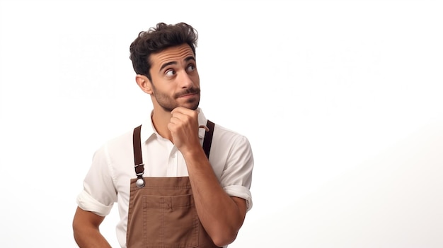 Um barista italiano olha para a esquerda em uma pose pensativa