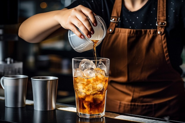 Um barista preparando um latte de chá gelado especial