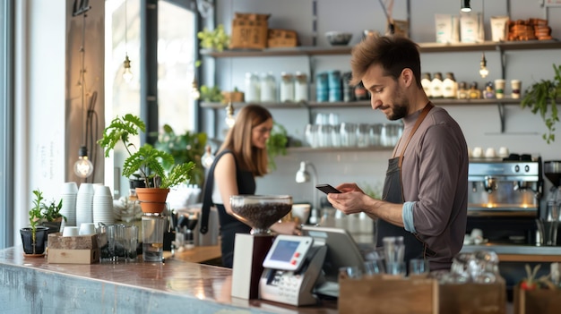 Um barista recebe pedidos por telefone em uma cafeteria chique