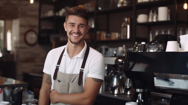 Um barista sorridente usando um avental