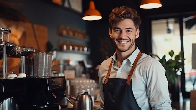 Um barista sorridente usando um avental