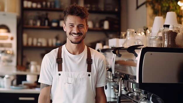 Um barista sorridente usando um avental