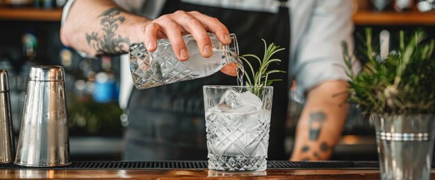 Foto um barman derramando um coquetel antiquado no copo de cima, focando nas mãos e na bebida