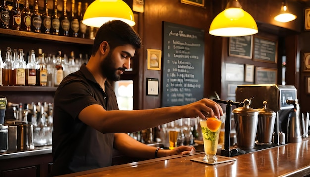 um barman derramando uma bebida em um copo