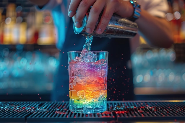 Um barman preparando um coquetel multicolorido