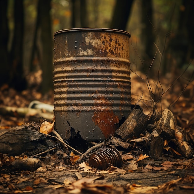 Um barril de metal enferrujado abandonado na floresta.