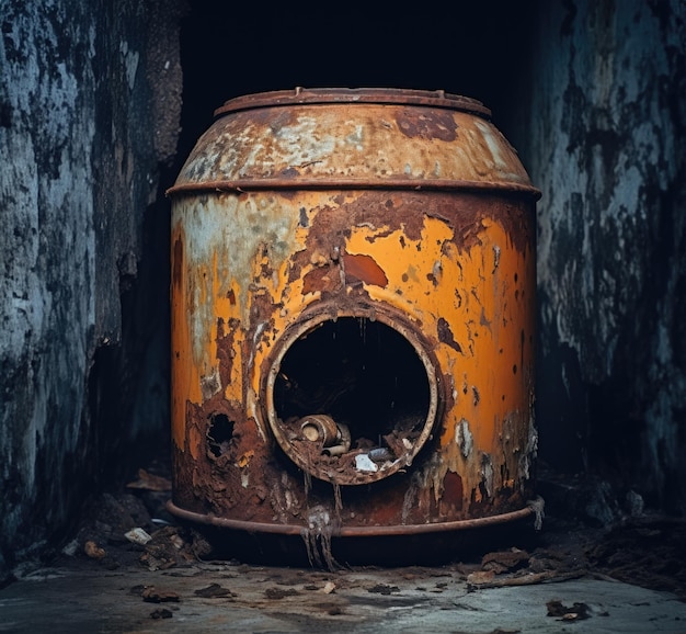 Um barril de metal enferrujado abandonado na floresta.