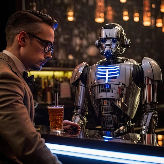 Um bartender robô servindo bebidas aos clientes em um bar de alta tecnologia Generative Ai
