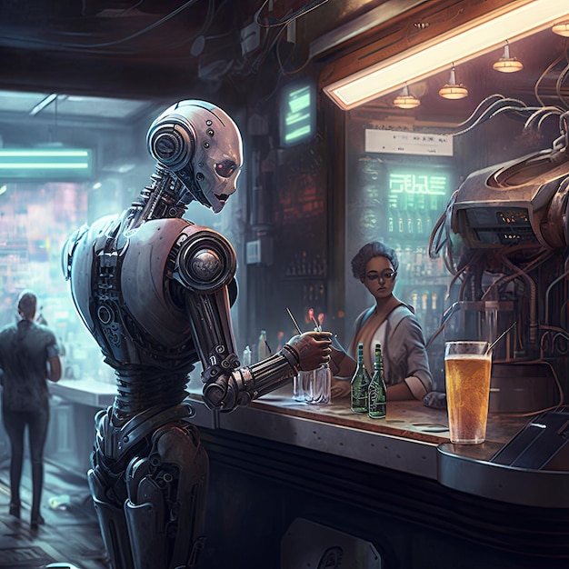 Foto um bartender robô servindo bebidas aos clientes em um bar de alta tecnologia generative ai