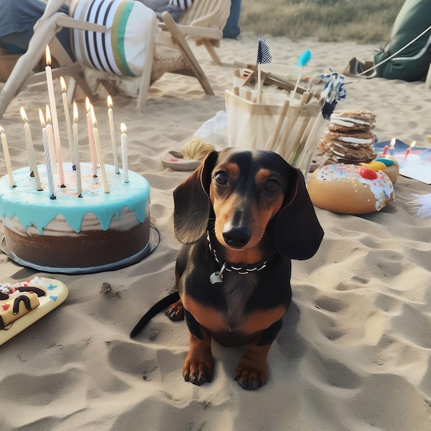 Um bassê sentado na areia de uma praia comemorando aniversário com bolos e velas, gerado por IA