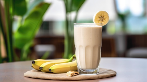 Um batido saudável de banana num copo com bananas na mesa.
