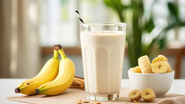 Um batido saudável de banana num copo com bananas na mesa.