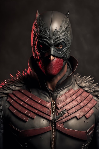 Um batman em uma máscara com capuz vermelho e capuz vermelho