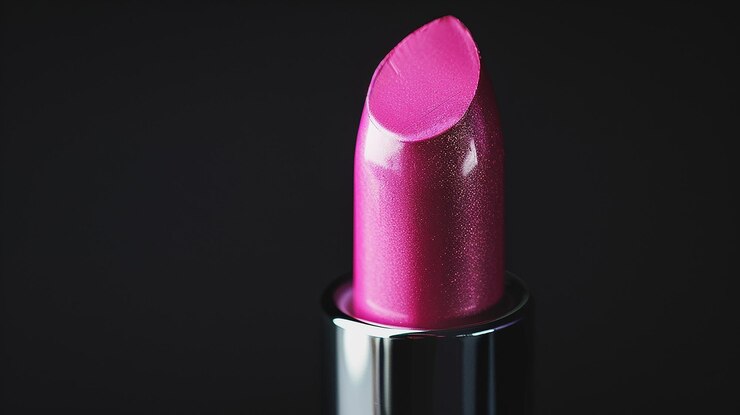 Foto um batom rosa com uma tampa rosa está em um recipiente de prata