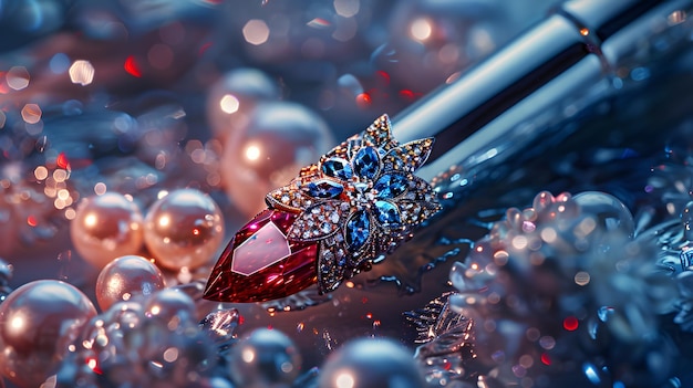 Um batom vermelho com um invólucro de ouro adornado com rubis ametistas e diamantes