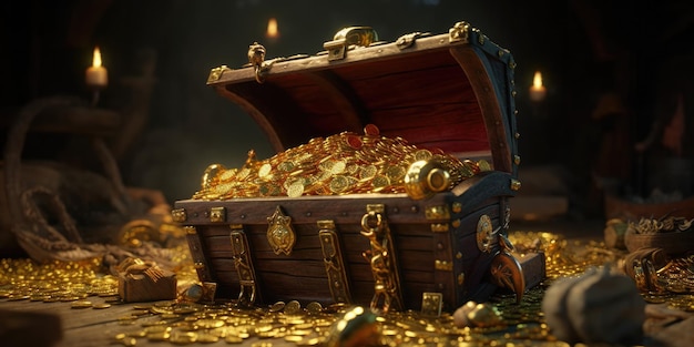 Um baú cheio de moedas de ouro cintilantes.