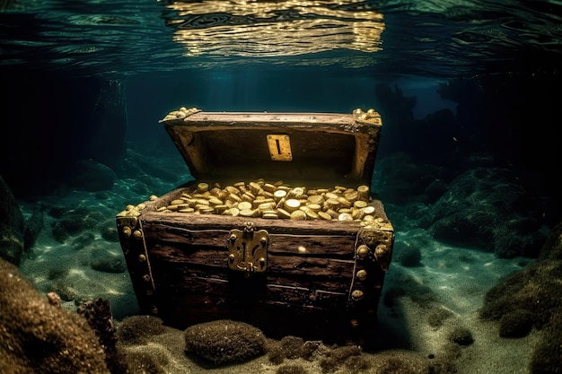 Foto um baú de tesouro cheio de ouro no fundo do mar esperando para ser descoberto por aventureiros generative ai