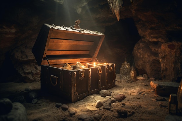 Foto um baú de tesouro está em uma caverna com uma luz brilhando sobre ele.