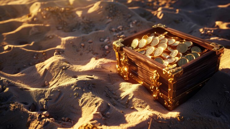 Foto um baú de tesouros meio enterrado na areia com moedas de ouro brilhando à luz do sol