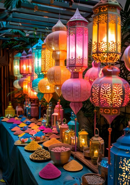 Um bazar de festival com lanternas coloridas, doces e outras decorações do Eid